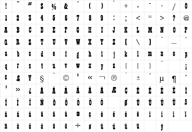 Playbill Regular  glyph index
