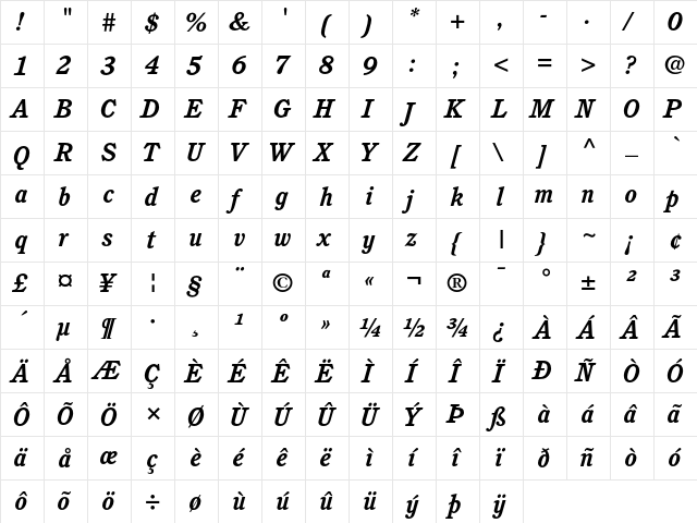 ITC Cushing Bold Italic  glyph index