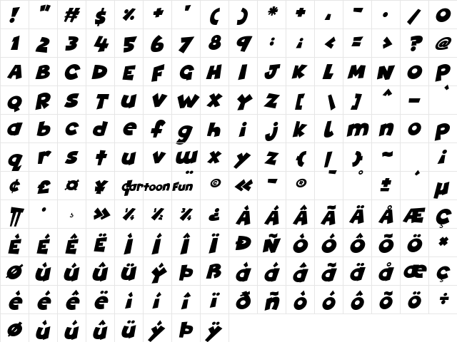 Cartoon Fun Italic  glyph index