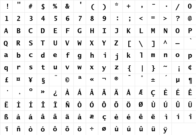 LucidaSansTypeEF Bold  glyph index