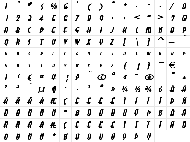 AsiaExtended BoldItalic  glyph index