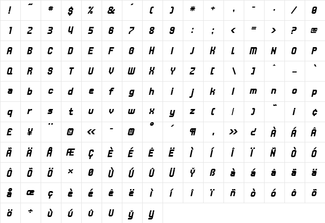 UNDA Italic  glyph index