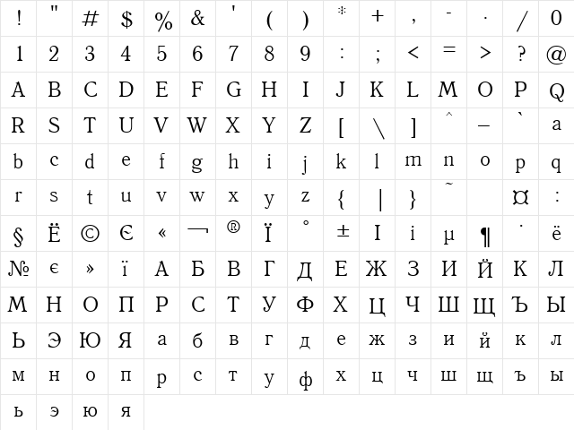 Uk_Antique Regular  glyph index