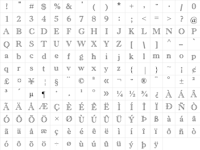 Monotype Old Style MT Bold Outline  glyph index