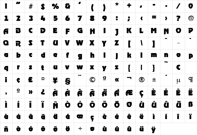 Ragtime-Heavy Regular  glyph index