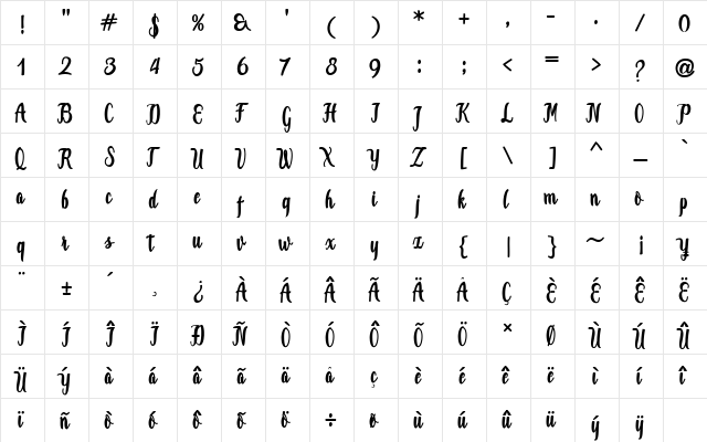 Jammes Regular  glyph index