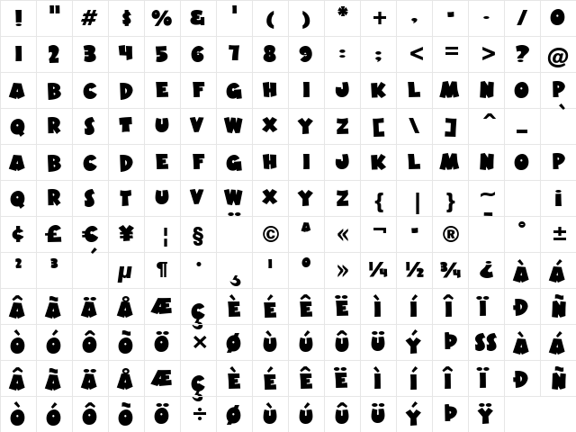 Hot Mustard BTN Regular  glyph index