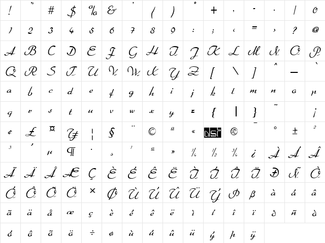 Arabella Regular  glyph index