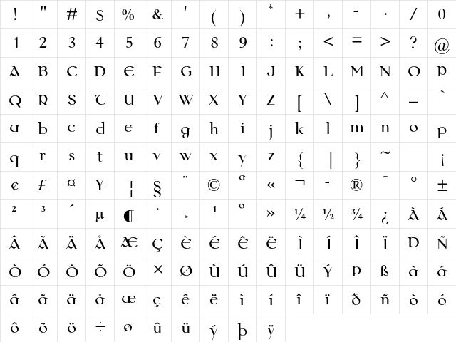 Colmcille MT Std Regular  glyph index