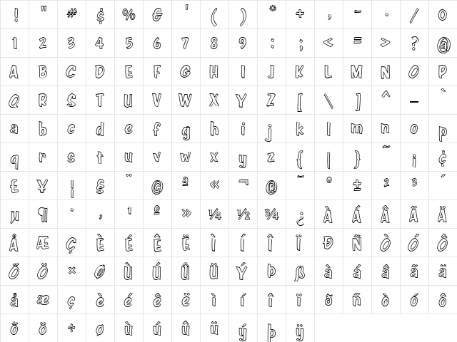 Java Jive Outline Regular  glyph index