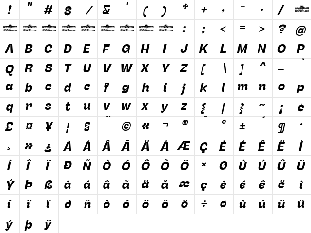 Stinger Trial Bold Italic  glyph index