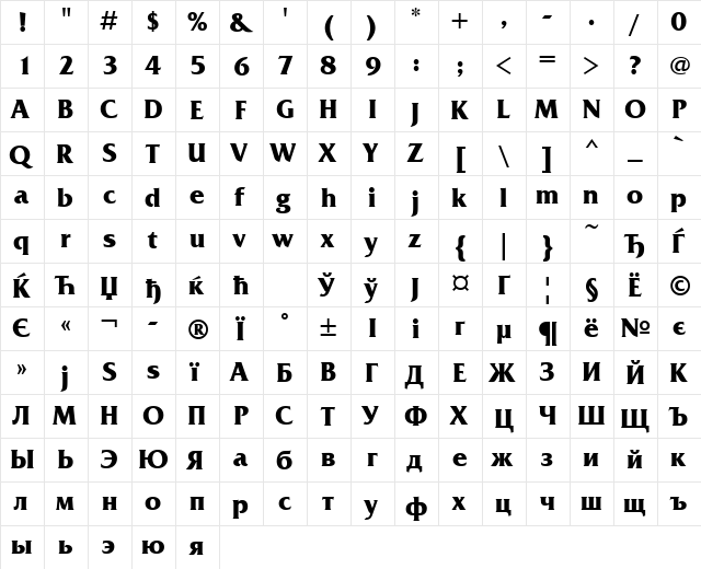 FrizQuadrataCTT Bold  glyph index