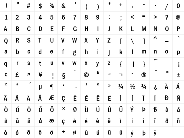 FranklinGothicCond Bold  glyph index