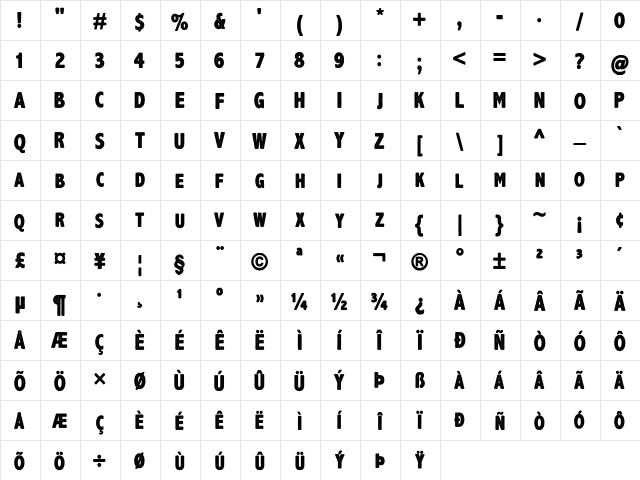 AxeHandel Regular  glyph index