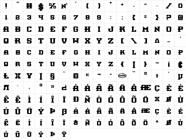 Interceptor Bold Bold  glyph index