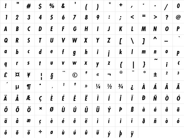 FuturaEF BoldCondObl  glyph index