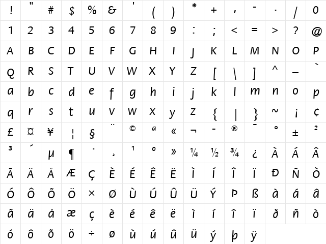 Flora LT Medium Italic  glyph index