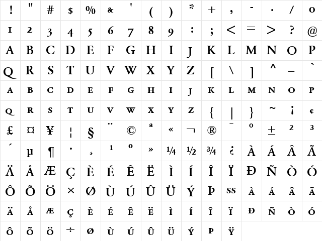 Garamond BE Bold  glyph index