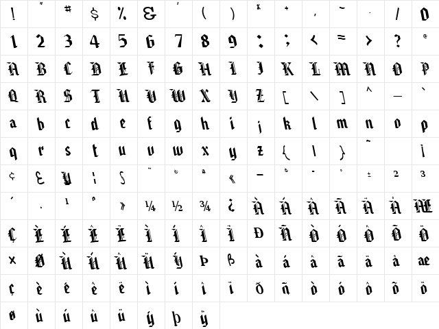 Brawny Regular  glyph index