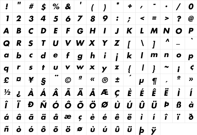 Futura-BoldOblique Regular  glyph index