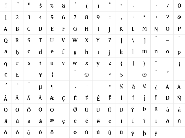 MatrixLining Regular  glyph index