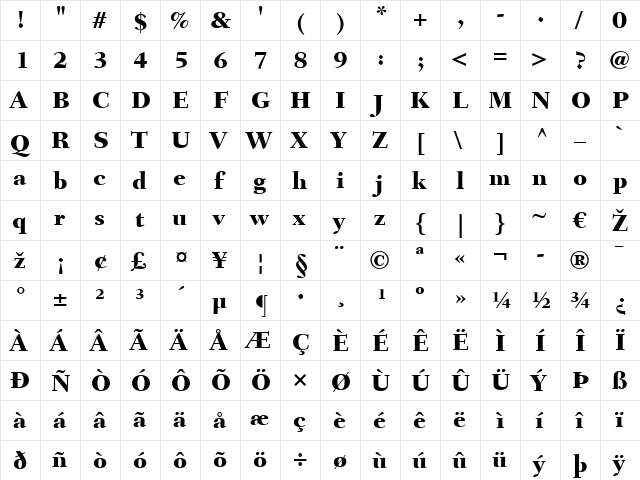 Fairfield LT Heavy Regular  glyph index