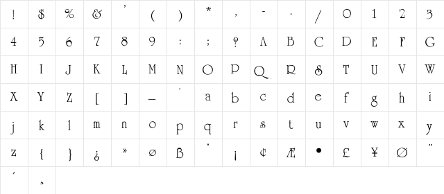 UniversityRoman-Thin Regular  glyph index
