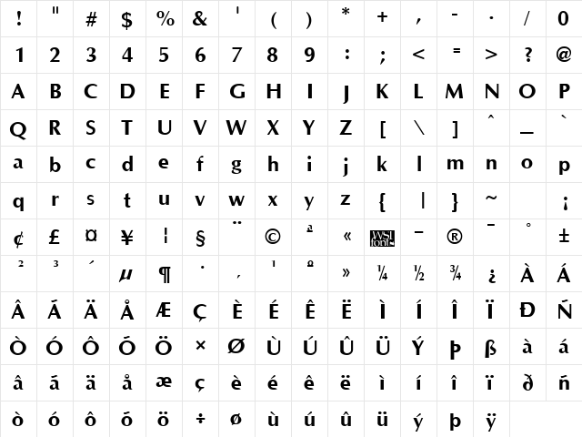 Optane Bold  glyph index