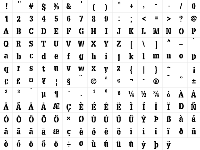 X.Template Regular  glyph index