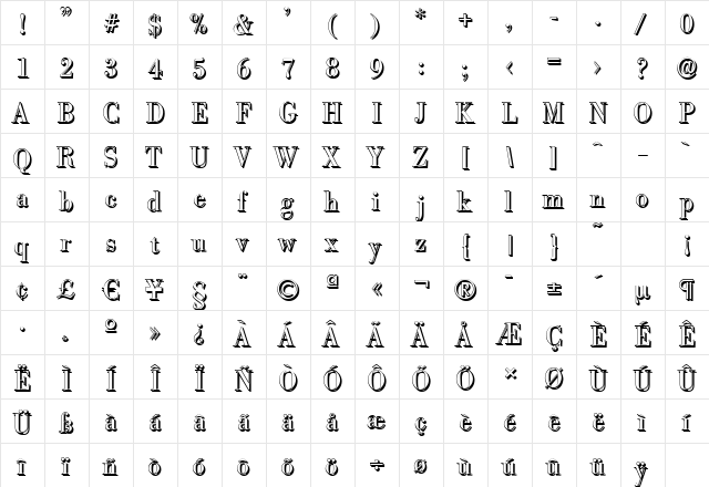 BodoniShadow Regular  glyph index