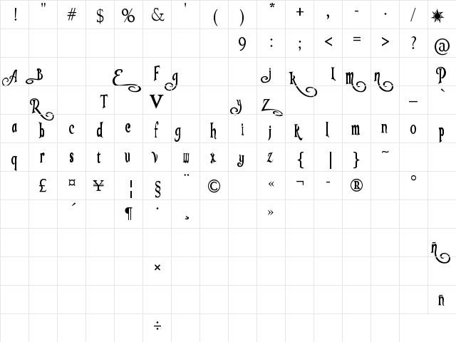 Tangled Regular  glyph index