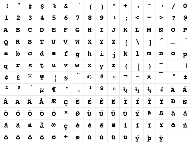 Courier10 Win95BT Bold  glyph index