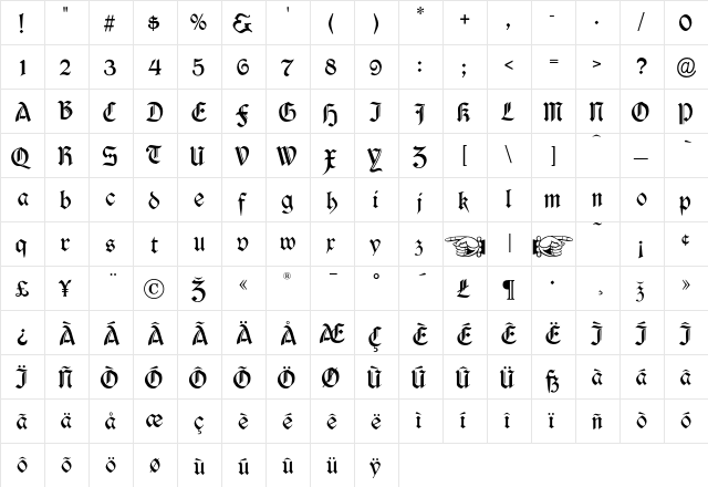 Durwent Regular  glyph index