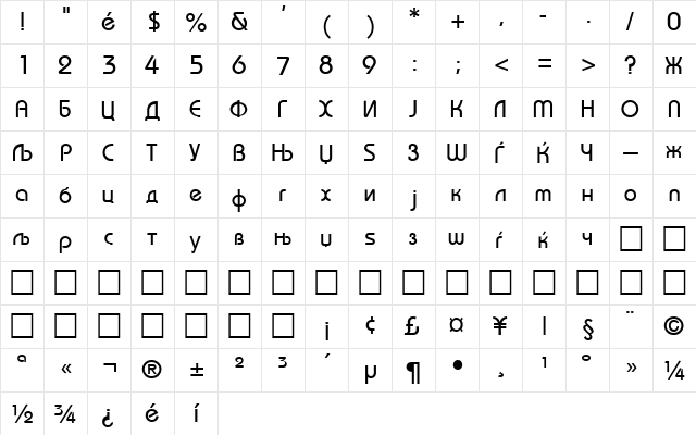 Macedonian Bahamas Regular  glyph index