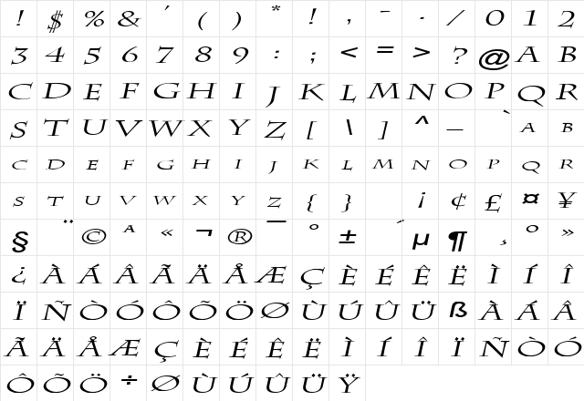 Chaz Extended Italic  glyph index