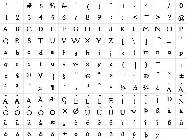 Rory Bold  glyph index