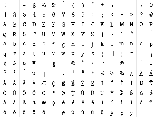 Typist Condensed Normal  glyph index