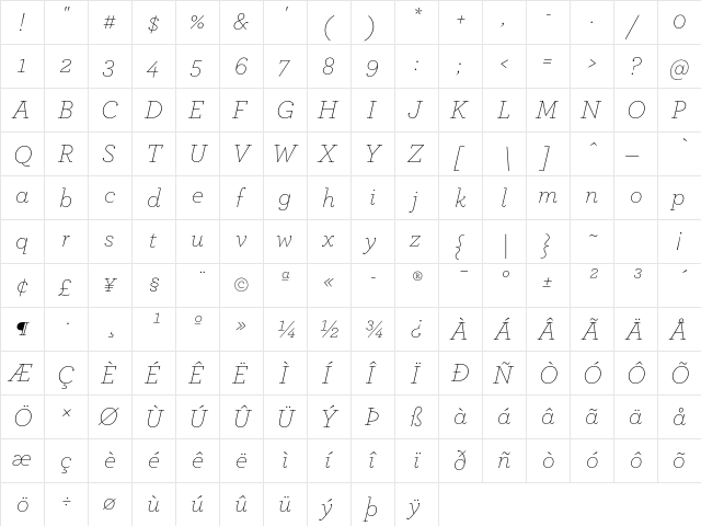 ArcherPro Extra Light Italic  glyph index