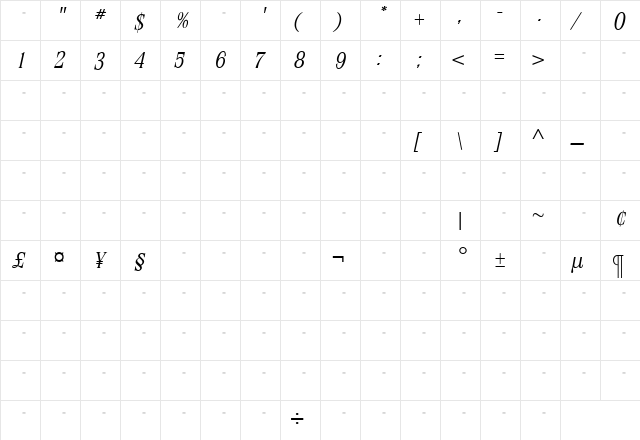StirlingLightItalicTab Roman  glyph index