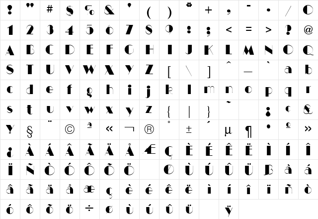 LSC Manhattan Regular  glyph index