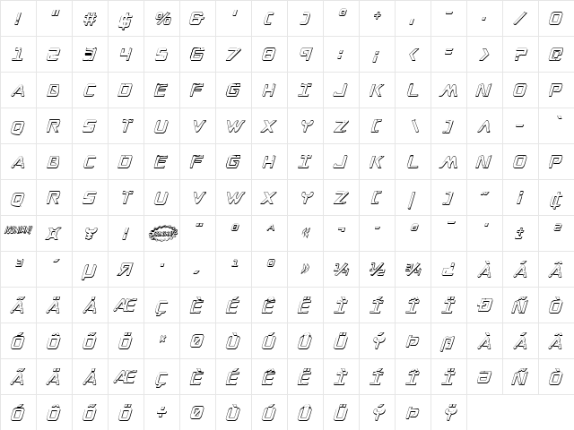 War Eagle 3D Condensed Italic Condensed Italic  glyph index