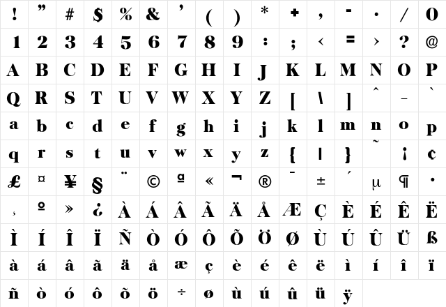 Baskerville-Heavy Regular  glyph index