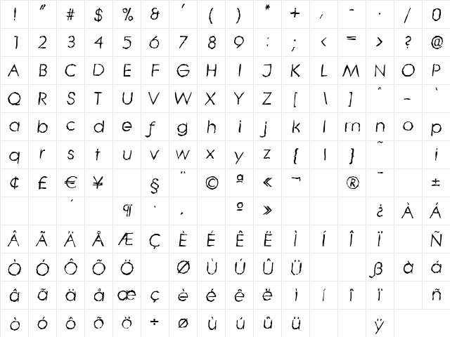 LiteraRandom Italic  glyph index