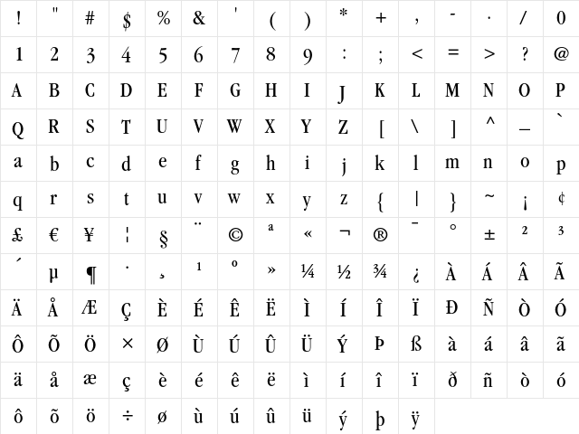 ITC Garamond LT Book Condensed  glyph index