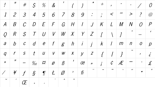 Ice'n-Gothic Italic Regular  glyph index