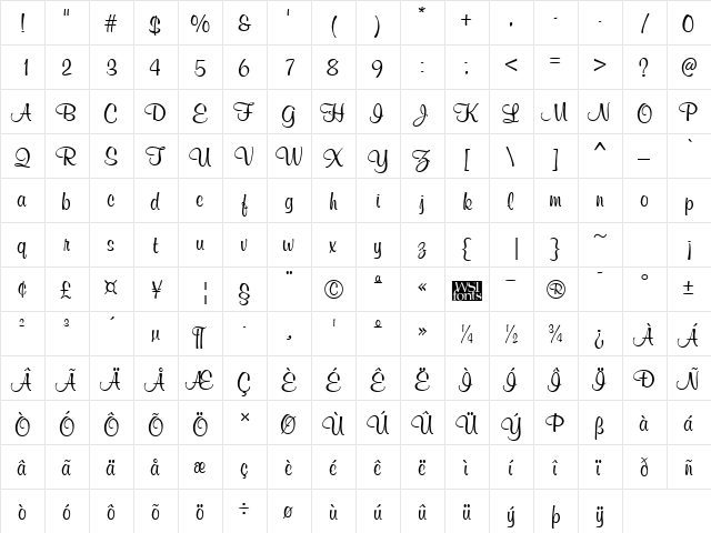 MurphyScript Regular  glyph index