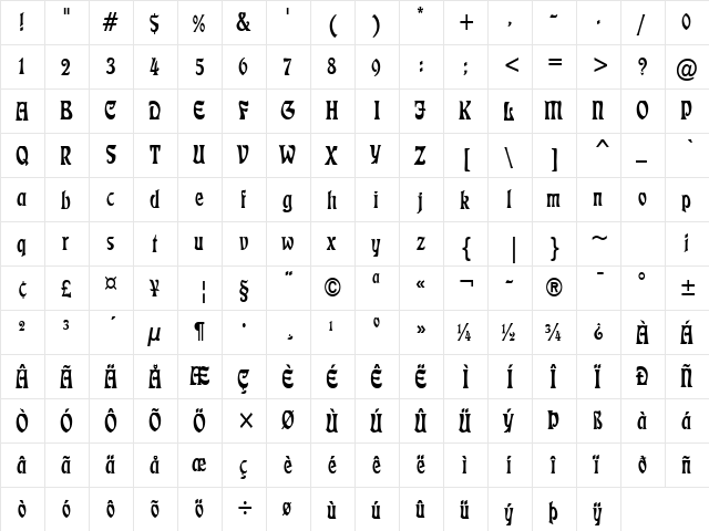 Freedom Condensed Normal  glyph index