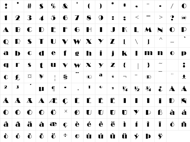 BroadwayP Regular  glyph index