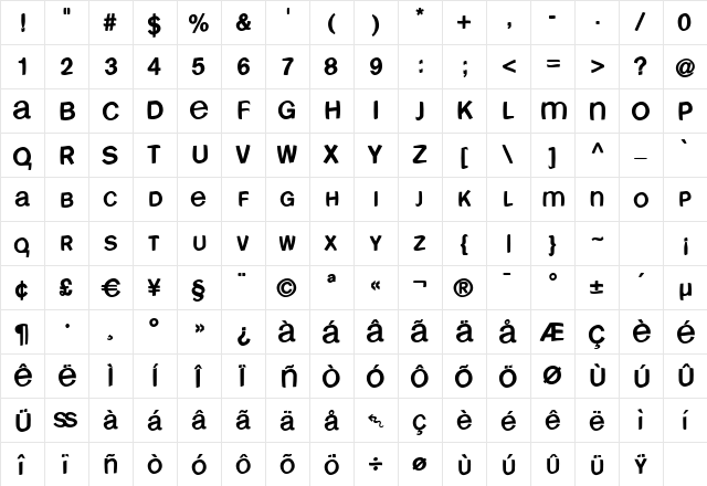 FreeBradburySans Medium  glyph index