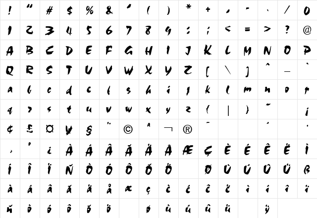 Cezanne Regular  glyph index